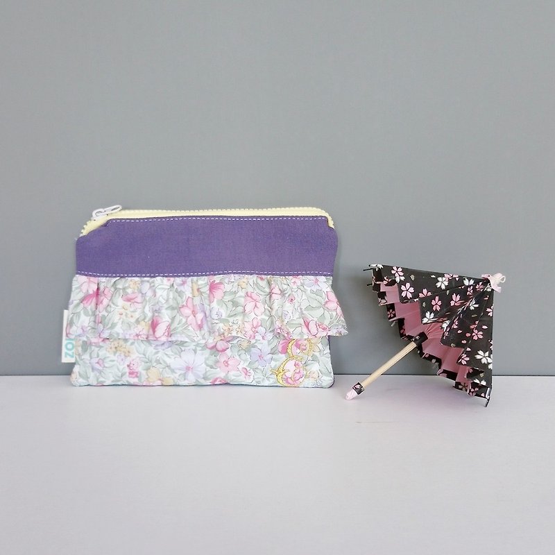 荷葉邊拉鍊包 (彩色碎花x紫色) | 客製化 繡字 - 化妝袋/收納袋 - 棉．麻 紫色
