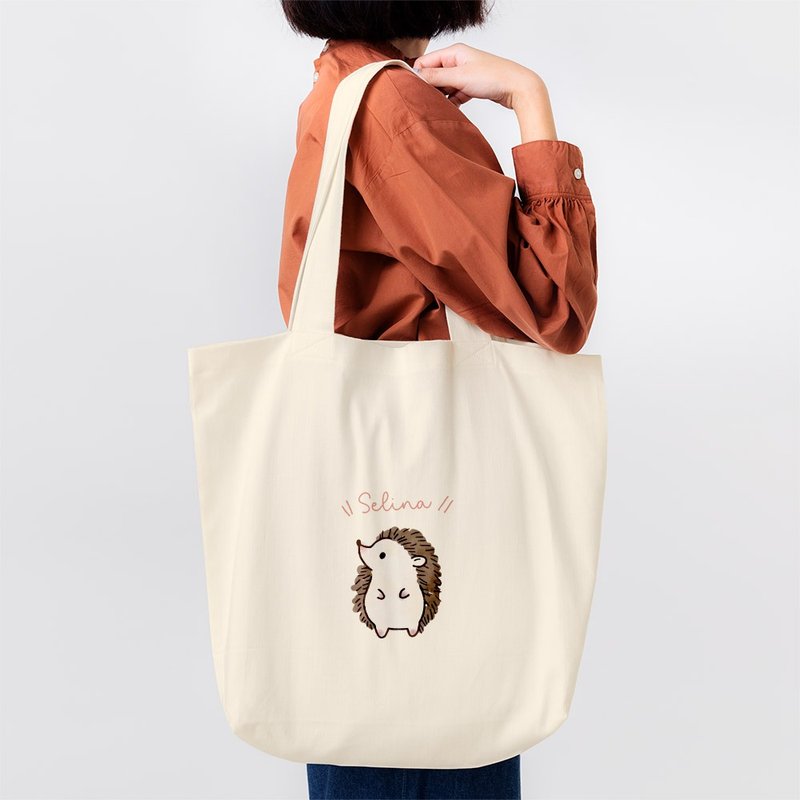 【Customized gift】Side face hedgehog English name eco-friendly shopping bag side backpack canvas bag PU008 - Messenger Bags & Sling Bags - Cotton & Hemp Black