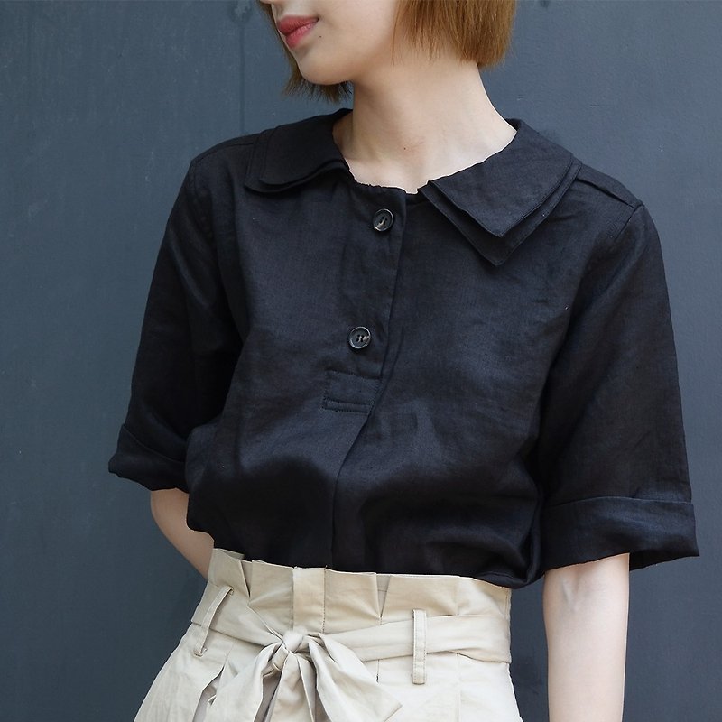 Black Double Doll Collar Shirt | Shirt | Linen | Independent Brand |Sora-157 - เสื้อเชิ้ตผู้หญิง - ลินิน สีดำ