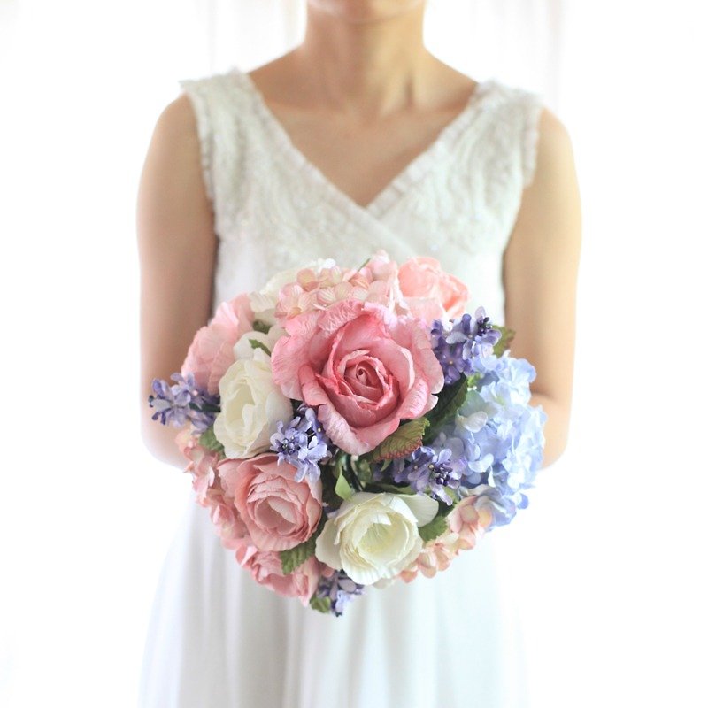 Pastel Pink&Blue Bouquet Artificial Paper Flower Bridal Flower Bouquet with Wild Things - 木工/竹藝/紙雕 - 紙 粉紅色