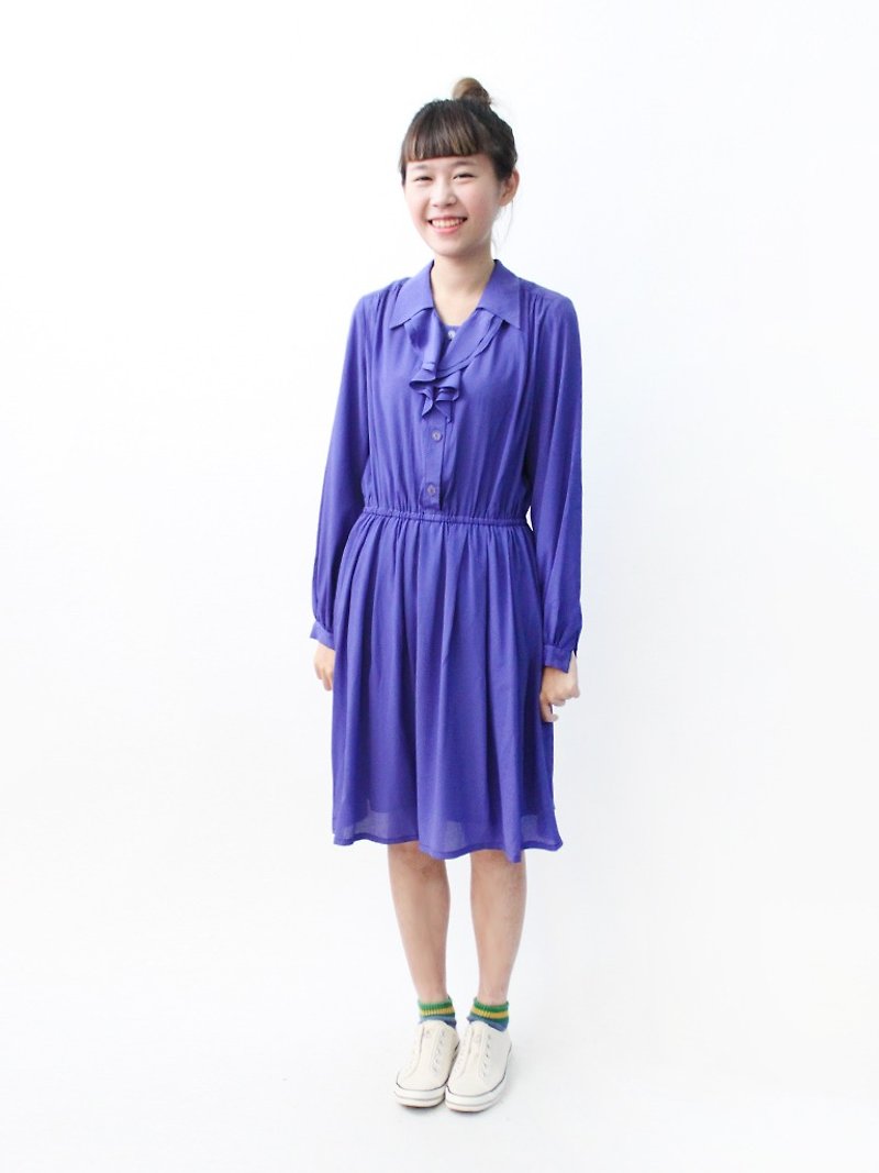 [RE0215D984] retro blue purple long-sleeved loose spring and summer vintage dress - ชุดเดรส - เส้นใยสังเคราะห์ สีม่วง