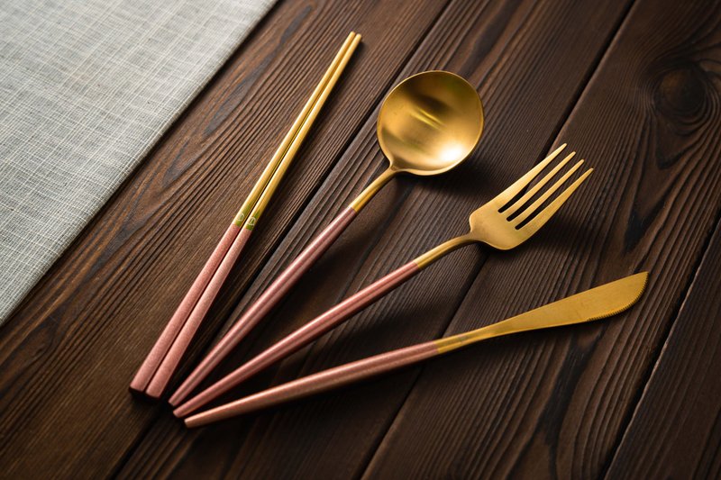 Islandoffer 304 pink gold Stainless Steel 4pc tableware set (1set) - Cutlery & Flatware - Wood Gold