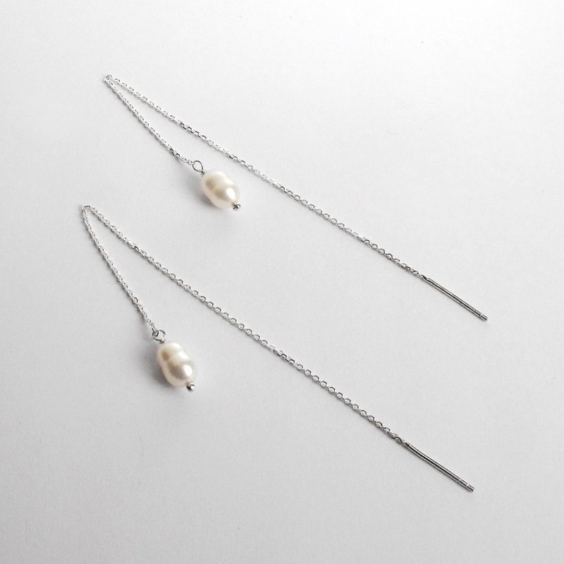[Single style]-Natural ivory white fat water drop pearl 925 sterling silver chain pendant long chain earrings - Earrings & Clip-ons - Pearl White