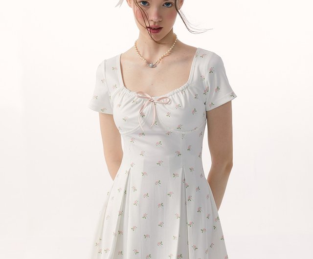 ワンピース [YOUHEE] FLOWER PATTERN PUFF DRESS WHITE Olivaceous Summery Sunday Brunch Floral Printed Mini Dress