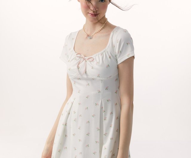 ワンピース [YOUHEE] FLOWER PATTERN PUFF DRESS WHITE Olivaceous Summery Sunday Brunch Floral Printed Mini Dress