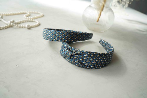 Papas Bow Tie 古董領帶改製手工髮箍-Hermès幾何-藍-蝴蝶結/窄版