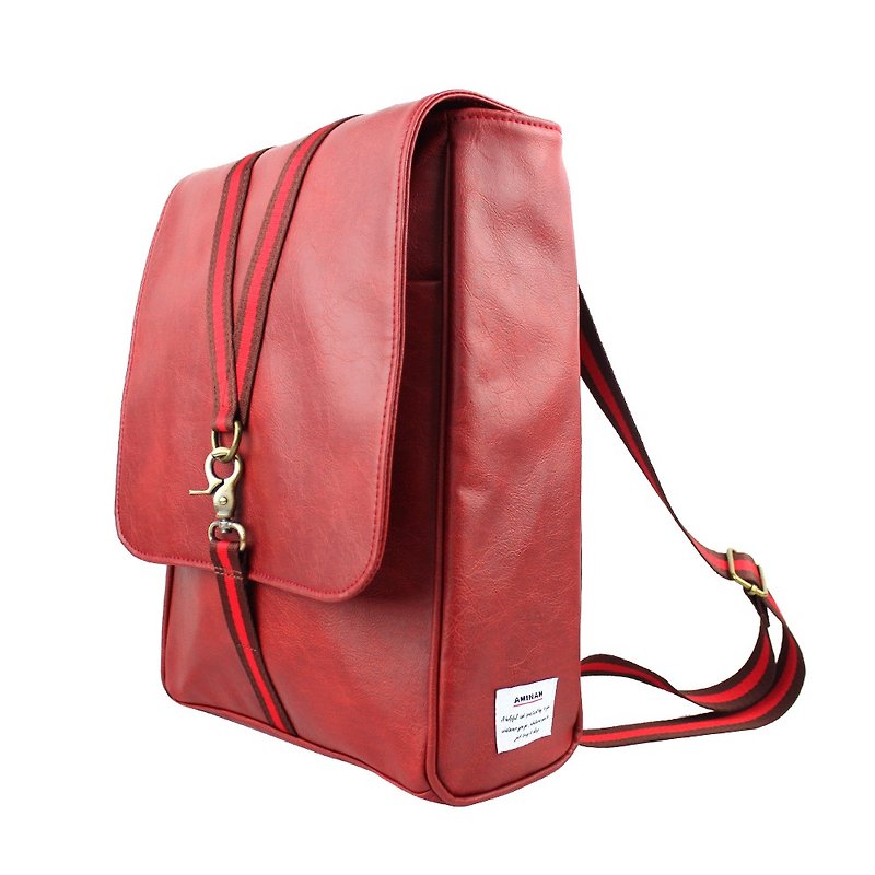 AMINAH-Crimson Hook and Buckle Dual-use Backpack【am-0297】 - กระเป๋าเป้สะพายหลัง - หนังเทียม 