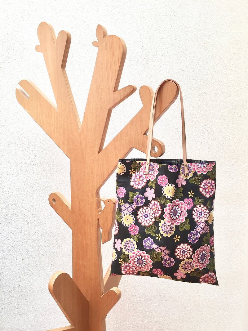 Reversible blue floral print tote bag with leather straps. Limited. - Messenger Bags & Sling Bags - Cotton & Hemp Black