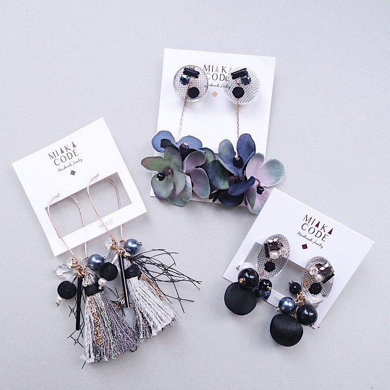 [Dark discount set] Noble black series a set of three handmade earrings/ Clip-On - Earrings & Clip-ons - Other Materials Multicolor