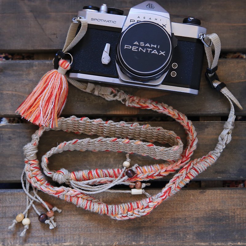 Knit linen camera strap-orange / double ring - Camera Straps & Stands - Cotton & Hemp Orange