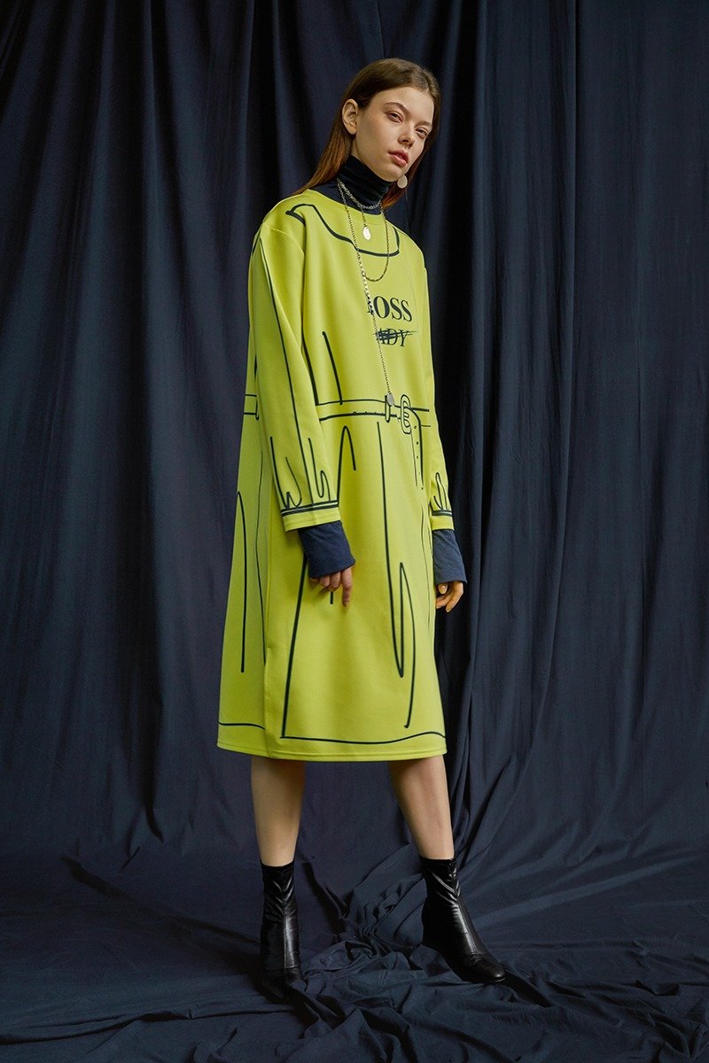 線條插畫洋裝  萊姆黃 - 洋裝/連身裙 - 棉．麻 黃色