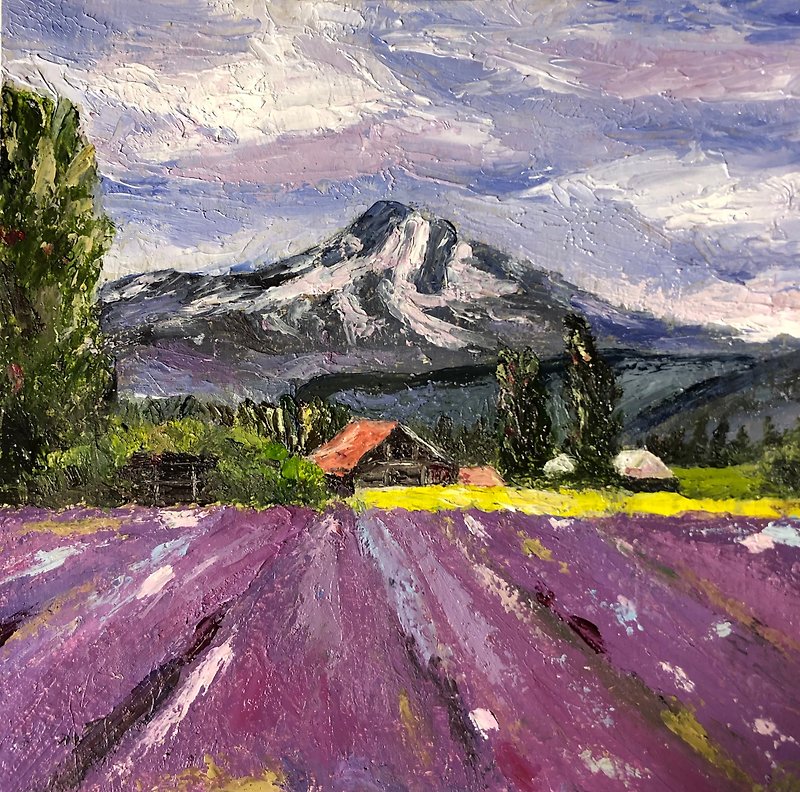 Original oil painting landscape lavender field wall art hand painted - ตกแต่งผนัง - วัสดุอื่นๆ สีม่วง