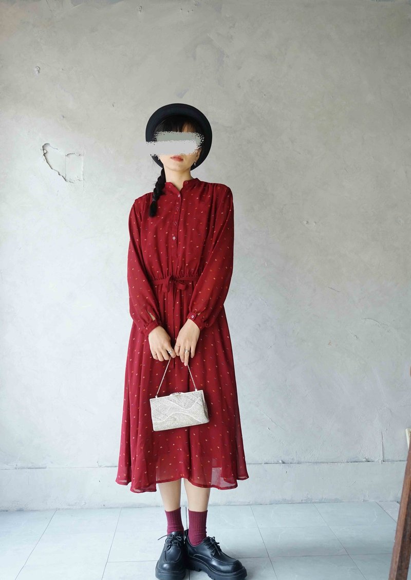 Treasure Hunt Vintage - Red Stand Collar Romantic Chiffon Showa Era Dress - One Piece Dresses - Polyester Red
