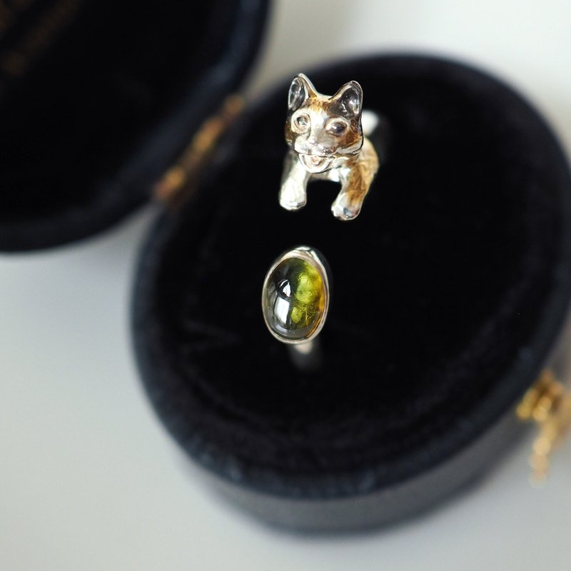 Talking Calico Cat and Green Tourmaline Silver Ring - แหวนทั่วไป - เงินแท้ สีเงิน