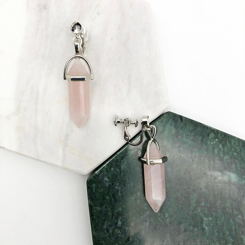 粉紅水晶925純銀耳環 夾式耳環 粉晶 粉紅色耳環 黑白 簡約設計 - 耳環/耳夾 - 純銀 粉紅色