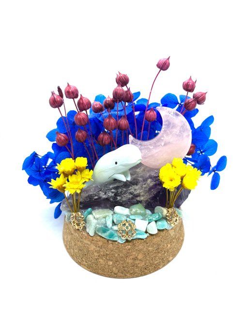 奧秘空間 Esoteric Space 海底花園-海豚與粉水晶月亮/紫水晶-公仔/水晶/乾燥花玻璃罩擺設