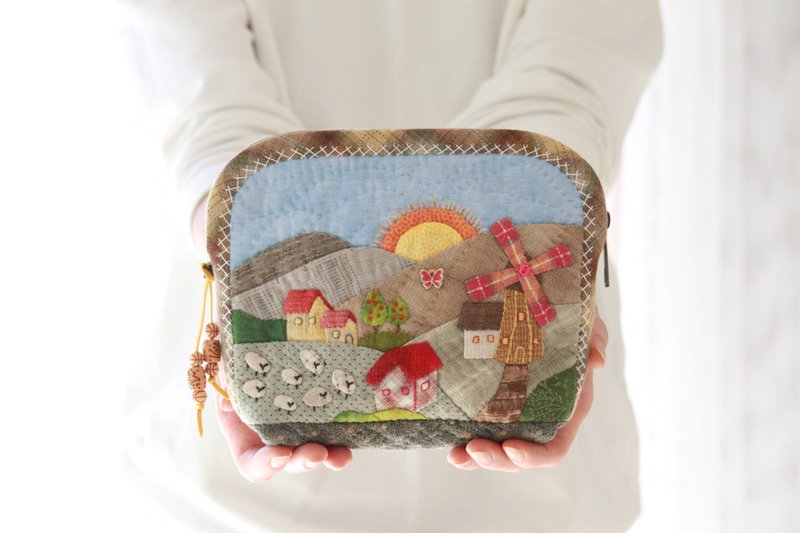 Quilted Cosmetic Bag Village House. Cute Linen Japanese Holder for Make Up - Toiletry Bags & Pouches - Other Materials Multicolor