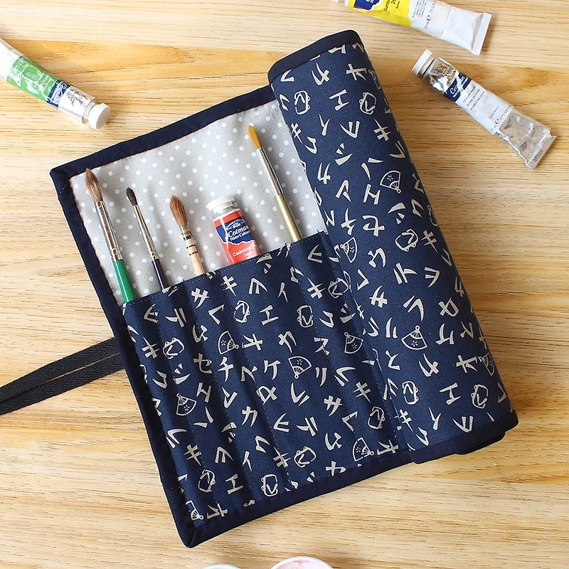 Vintage day textbook bag/pen bag tool storage bag piping 巻ース watercolor cookware - กล่องดินสอ/ถุงดินสอ - ผ้าฝ้าย/ผ้าลินิน สีน้ำเงิน