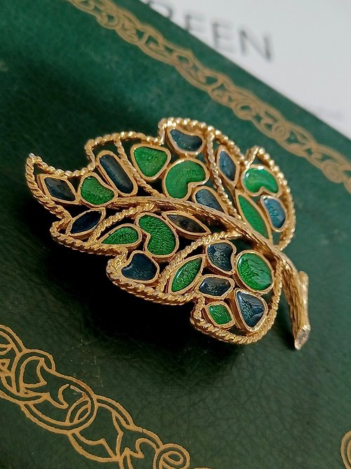 老時光製造所 vintage jewelry Florenza 古董藍綠琺瑯典雅胸針