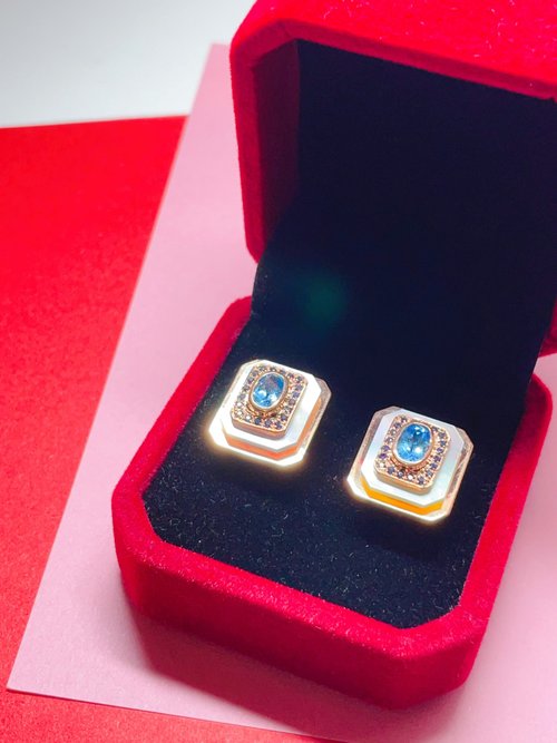 S gems jewel S925純銀藍色託帕石 貝母片及藍寶耳環