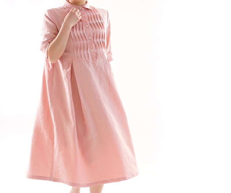 linen dress / wave pintuck / cutaway collar / shirt dress - One Piece Dresses - Cotton & Hemp Pink