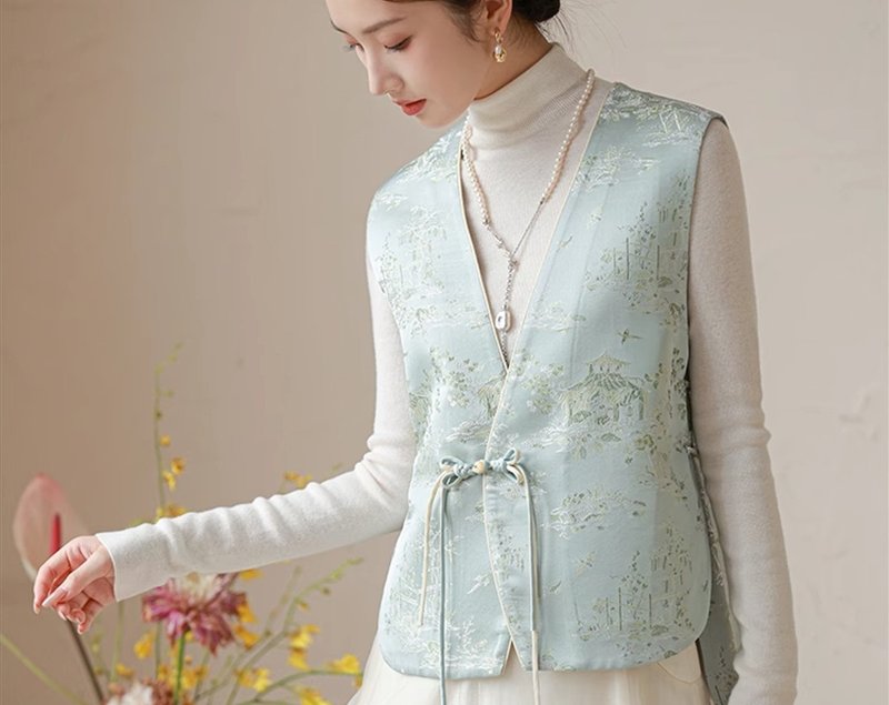 Qingxiyue New Chinese Style Two-color Jacquard V-neck Temperament Vest - Women's Vests - Other Materials Green