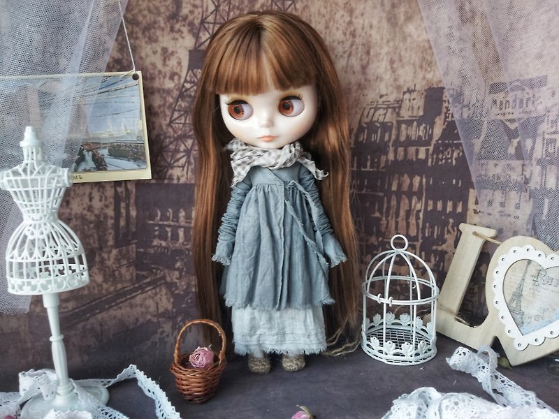 Collection GREY Peasants for Blythe doll: Vintage outfit of old style - 嬰幼兒玩具/毛公仔 - 棉．麻 灰色