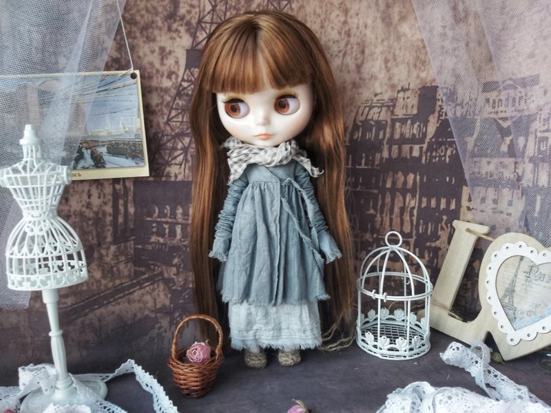 Collection GREY Peasants for Blythe doll: Vintage outfit of old style - ของเล่นเด็ก - ผ้าฝ้าย/ผ้าลินิน สีเทา