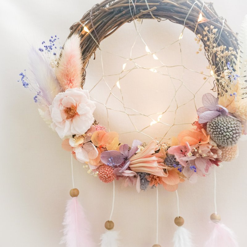 Preserved Flower Dreamcatcher with LED Light | Pink & Light Purple - โคมไฟ - พืช/ดอกไม้ สึชมพู