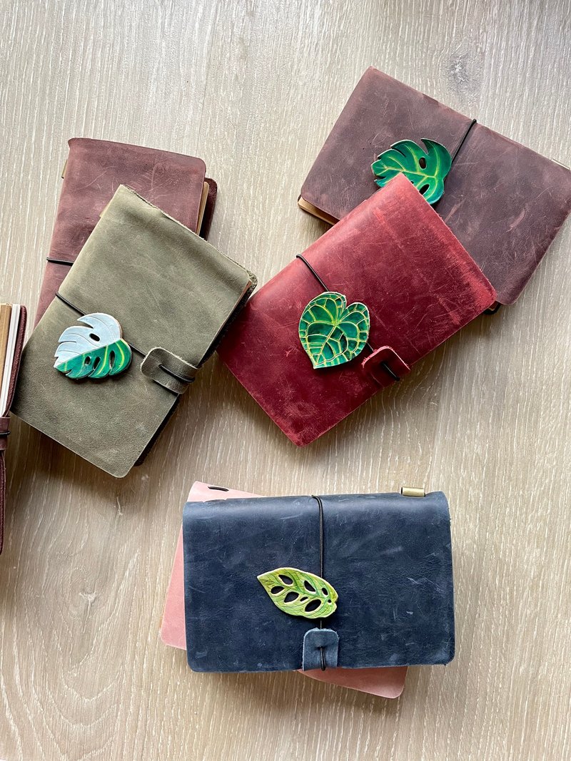 Green leather wallet with leaf bookmark - Notebooks & Journals - Genuine Leather Brown