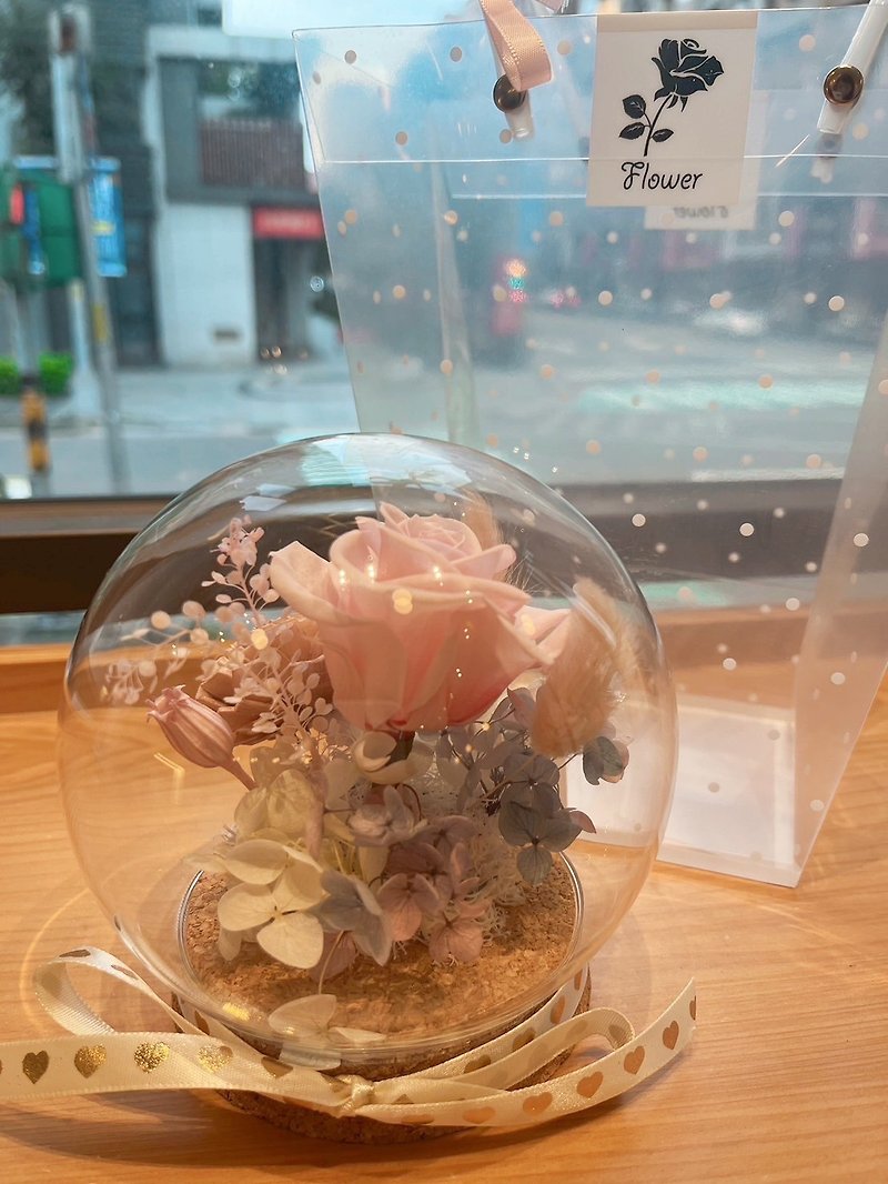 ピンクの永遠のバラのガラス骨壺 - ドライフラワー・ブーケ - 寄せ植え・花 ピンク