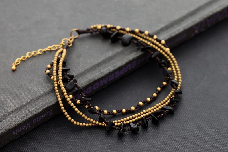 Black Onyx Chain Layer Anklets Brass Braided Free Size Romantic - Anklets & Ankle Bracelets - Stone Black