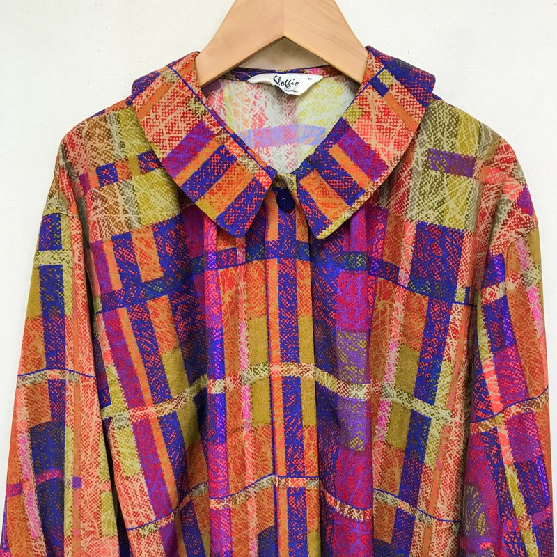 Top / Orange and Purple Checkered Long-sleeve Blouse - Women's Shirts - Polyester Orange