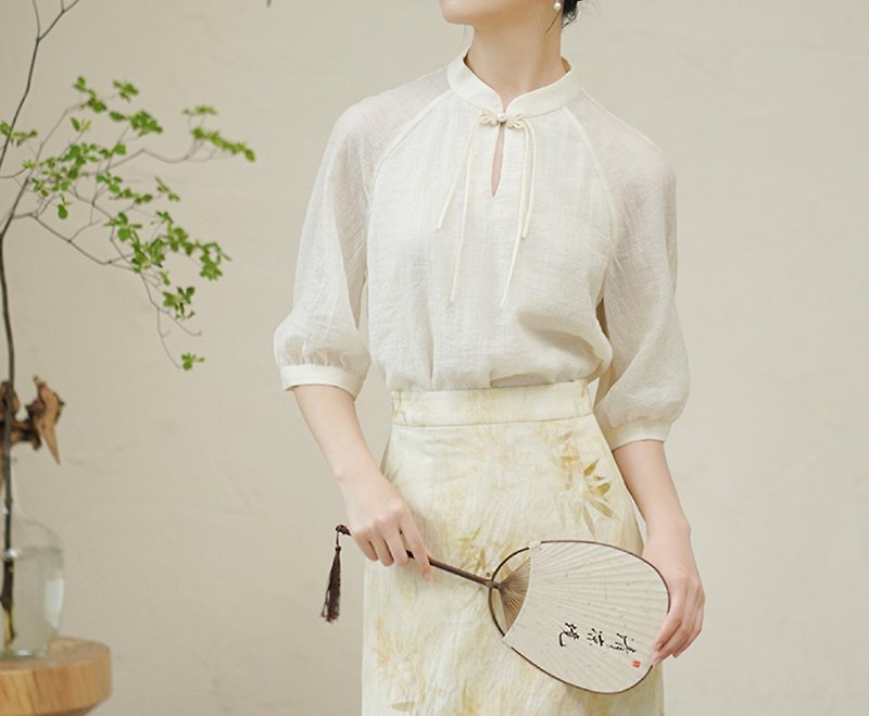 New Chinese style puff sleeve retro elegant tea dress Chinese style dress - One Piece Dresses - Silk White