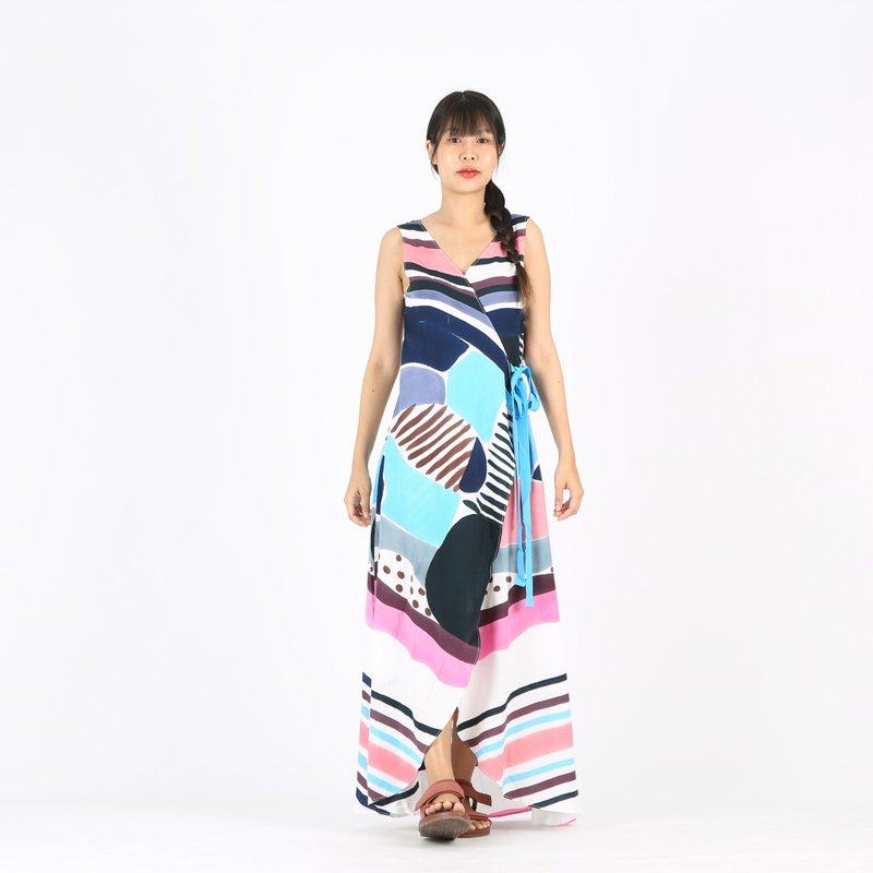 Long Dress Wrap Cotton Rayon Hand Paint - 洋裝/連身裙 - 棉．麻 藍色