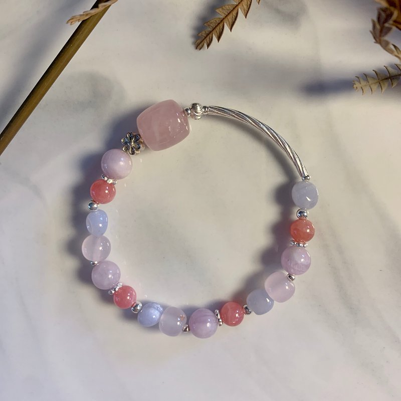 Pink Lady - rose quartz Stone purple red lines spodumene Blue Lace Agate Design Natural mineral crystal gifts - สร้อยข้อมือ - เครื่องเพชรพลอย สึชมพู