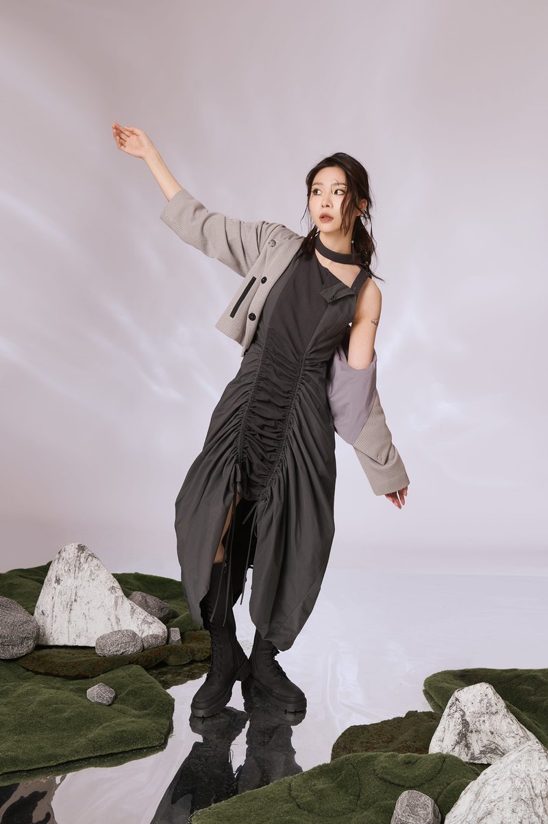 Drawstring Umbrella Skirt - Gray - One Piece Dresses - Other Man-Made Fibers Gray