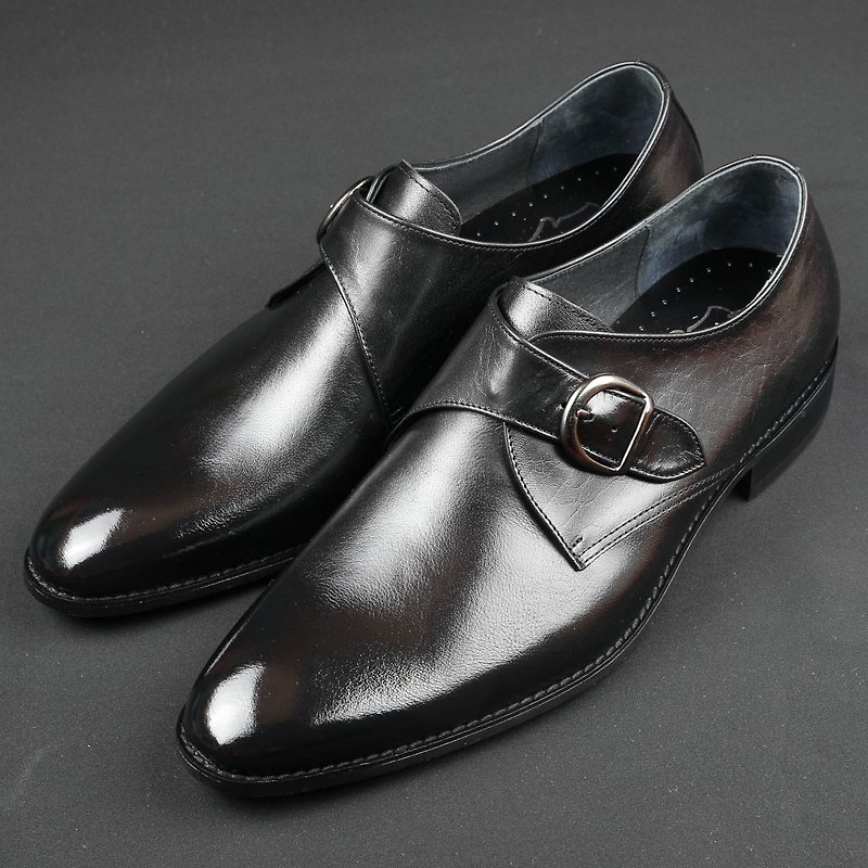 Simple Charm Tire Leather Monk Shoes-Monarch Black - รองเท้าหนังผู้ชาย - หนังแท้ สีดำ