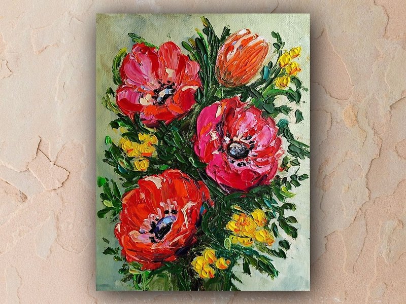 Red flowers painting original oil art impasto on stretched canvas - 海報/掛畫/掛布 - 其他材質 紅色