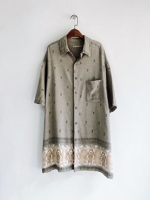 河水山 拿鐵燕麥花點圖 古著麻混絲質夏威夷襯衫上衣vintage Aloha Shirt