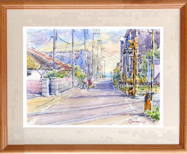 水彩画原画 海の見える江ノ電踏切・鎌倉稲村ヶ崎付近 - ショップ 松下