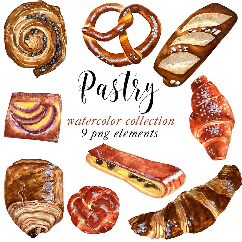 Watercolor clipart pastry. Digital breakfast PNG. - ดิจิทัลแพลนเนอร์ - วัสดุอื่นๆ 