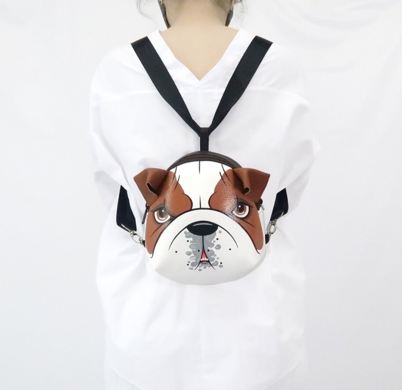 Englis Bulldog Mini backpack ,dog crossbody bag,hand painted bag,handmade bag - 後背包/背包/書包 - 人造皮革 白色