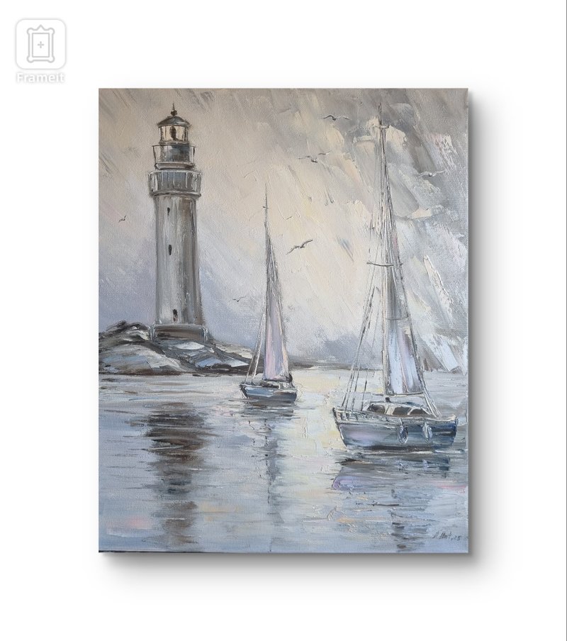 Seascape oil painting Lighthouse Painting Sailboats artwork - 壁貼/牆壁裝飾 - 棉．麻 灰色