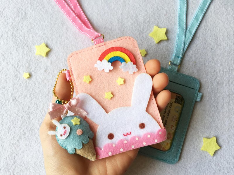 Rabbit card holder with neck strap and keychain. - ID & Badge Holders - Other Materials Pink