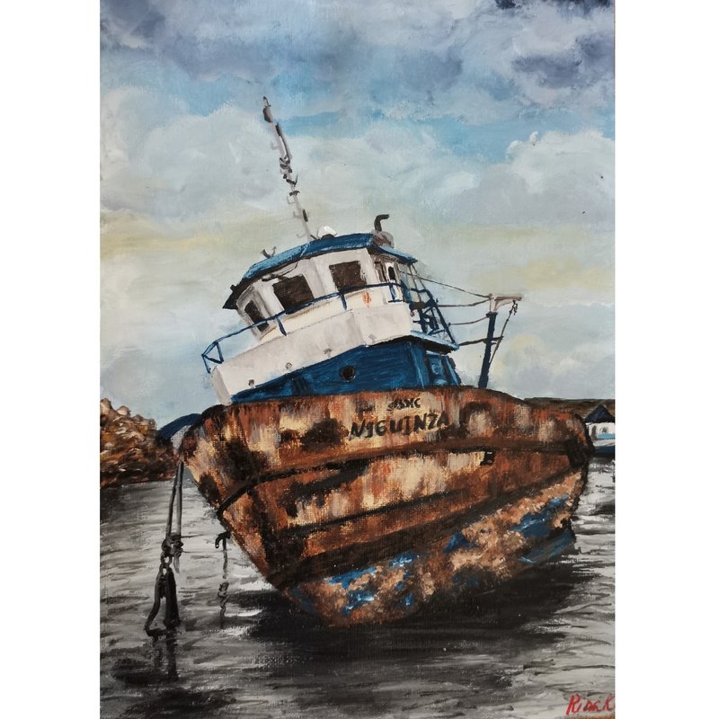 海景與船原創框架藝術手繪藝術作品 RinaArtSK - 壁貼/牆壁裝飾 - 其他材質 多色