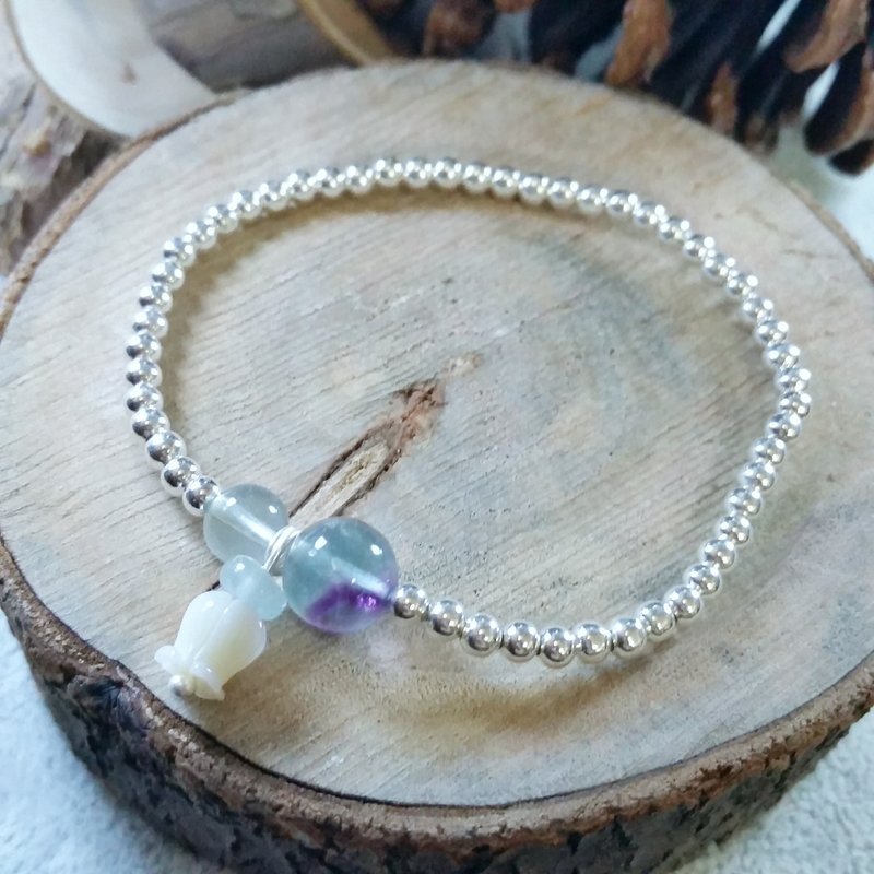 925純銀珠 - 螢石, 海藍寶扁珠, 貝母鈴蘭  手鍊 Flourite, aquamarine, mother pearl flower 925 silver bracelet - 手鍊/手環 - 寶石 藍色