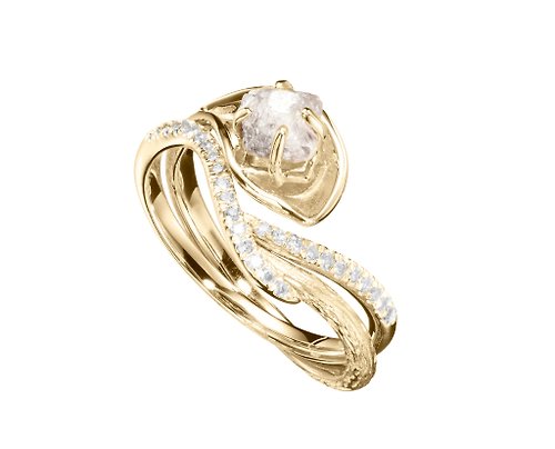 Majade Jewelry Design 14k黃金鑽石鑽胚馬蹄蓮結婚戒指組合 海芋花原石密鑲求婚戒指套裝