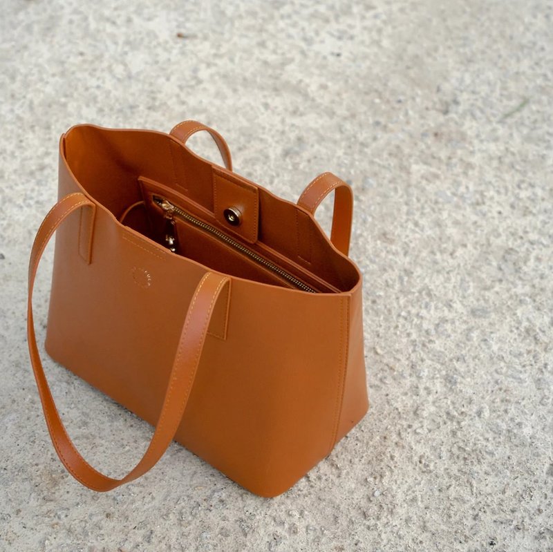 【FLASH SALE】 Vegan Horizontal Tote Bag in Copper Brown - Handbags & Totes - Waterproof Material Brown
