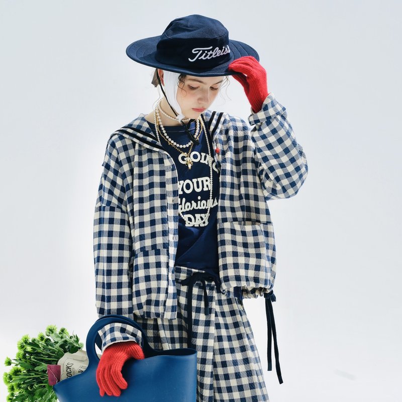 藍白格紋復古海軍領襯衫 / 外套 - 女襯衫 - 棉．麻 藍色